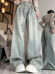 Hnewly Women Korean Pleated Jeans Girls High Waist Washed Wide Leg Pants Lady Fashion Loose Retro Blue Light Blue Denim Trousers