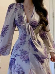 Hnewly Streetwear Printing Sweet Dresses Grunge Y2k Aesthetic V Neck Bandage Vestidos Slim Fit Harajuku Woman Purple Split Dress