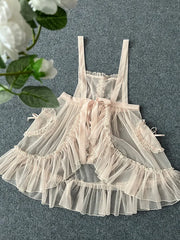 Hnewly Elegant Love Ruffles Mesh Apron Cover Skirt Japanese Wind Lolita Jsk Clothing Women Sleeveless Suspenders Dress
