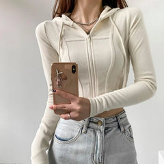 Hnewly Thin Hooded Cardigan Women Korean Vintage Slim Summer Solid Sports Jacket Vertical Pit Stripe Zipper Female Sexy Cropped Tops