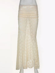 Hnewly Elegant Fashion Slim Lace Trumpet Skirt Holiday See Through Sexy Mid-Waisted Maxi Skirts Women Autumn Spring Ladies