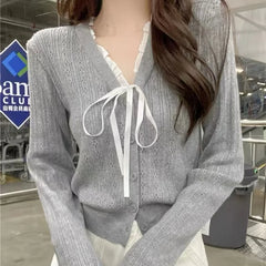 Hnewly Women's Pointelle Knit Cardigan with Bow Long Sleeve Button Front Sweater Openwork Cardi Teen-girl Fairycore Balletcore Outfit