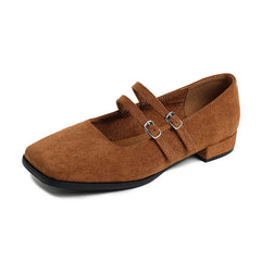 Hnewly Shoes for Woman Mary Jane Shoes Women's Buckle Strap Low Cut Square Head Vintage Black Velvet Commuting Shoes