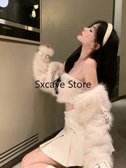 Hnewly Sexy 3 Piece Skirt Set Women Casual Long Sleeve Coat + Bodycon Tube Tops + Sweet Mini Skirt Evening Party Clothing Autumn