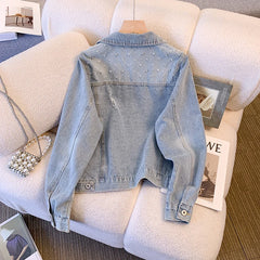 Hnewly Women Denim Jacket Spring Autumn 2025 New Popular Sweet Luxury Beaded Short Top Loose Long Sleeve Lapel Single Breasted Coat
