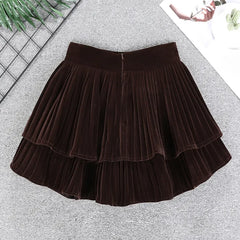 Hnewly Velvet Tiered Mini Skirt for Women Teen-girl Low-Rise Ruffled Pleated Short Skirt in Brown Black Fall Winter Balletcore Outfit