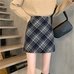 Hnewly Skirts Women Woolen Tender Fashion High Waist Retro Plaid Elegant A-line Casual Ladies Minimalist All-match Autumn Korean Style
