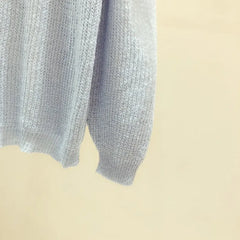 Hnewly Semi Sheer Mohair Knit Sweater for Women See-through Bell Sleeve Crewnek Pullover Women Spring Autumn Teen-girl Faircore Outfit