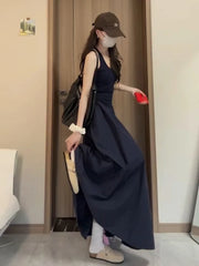 Hnewly Blue Svel Maxi Dr Women's Summer Beach Vaion High Waist A-Line Gown Korean mat Sle Casual Long Dr