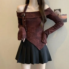 Hnewly Y2K Sexy Slash Neck T Shirt for Women Korean Elegant Off Shoulder Irregular Female Tops Fashion Tie Dye Long Sleeve Pullovers