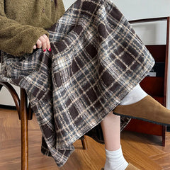 Hnewly Japanese Vintage Woolen Plaid Skirts Women Autumn Winter High Waist A Line Midi Skirts Woman Korean Loose Thick Long Skirts