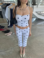 Hnewly Polka Dot Halter Top and High Waist Pant Set Women Sleeveless Cropped Camisole Waist-cinching Trouser New Lady Summer Suits