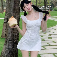 Hnewly A-line Dresses for Women Skinny Solid Flying Sleeve Summer Korean Style Chic Girls Square Collar Ins Lace-up Mini Lovely Girls