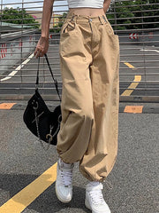 Hnewly Y2K Fashion Khaki Oversized Cargo Pants Hip Hop Style Loosed Adjustable Waist Drawstring Long Pant Streetwear 90s Autumn