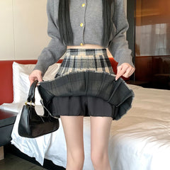 Hnewly Preppy Style Winter Plaid Vintage Pleated Mini Wool Skirt For Women High Waist Thicken Casual School Cute Short Skirt Female