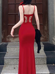 Hnewly Sexy Hollow Butterfly Backless Dresses Women Y2K Summer Elegant Outfits Lady Red Maxi Dress Bodycon Birthday Party Club Sundress