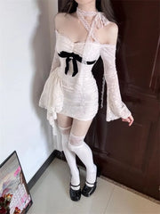 Hnewly Sexy Lace Patchwork Off Shoulder Dresses Y2k Slim Fit Long Sleeve Vestido Feminino 2025 Early Autumn New Dress for Women