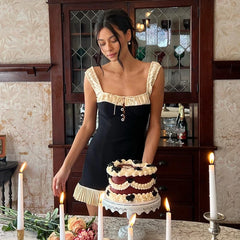 Hnewly Vintage Square-neck Stitch Prom Dress Y2K Sexy Spaghetti Strap Pleated Mini Dresses Summer Women's Sleeveless Vestidos