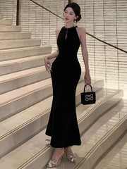 Hnewly Woman Dress Temperament Beaded Sleeveless Halter Elegant Mesh Patchwork Vintage Temperament Dresses Party Ladies