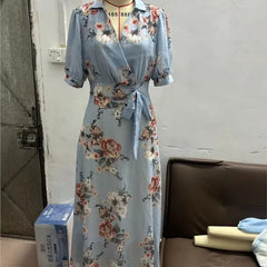 Lunivop Women V-neck Ruffle Short Sleeve Maxi Dress Waist Tight High-waist Hem Sweet Floral Print Chiffon Dress Female Clothing