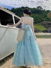 Hnewly Seaside Vacation Tea Break French Halter Dress Fairy Temperament Long Skirt Backless Bow Tie Flowy Tiered Beach Dresses