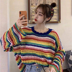 Hnewly Rainbow Ladies Sweater Kawaii Tops with Headings Harajuku Crochet Knitted Sweaters for Women Cute Cashmere Autumn Trend New