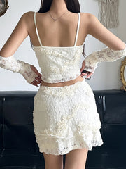 Hnewly Sweet Tie Floral Dress Set Women Sexy Slim 2 Piece Sets Slash Neck Sleeveless Camis Tops Mid-Waisted Mini Skirts