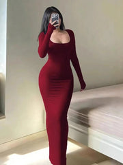 Hnewly Women's Solid Long Sleeve Bodycon Dress, Chic Basic Minimalist Causual Fashion Scoop Neck Long Dress, Womenswear