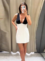 Hnewly Sexy Patchwork Women's Dress Sleeveless V-Neck A-Line Contrast Waist-Closed Mini Dresses Summer Chic Female Vacation Robe