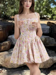 Hnewly Women's Elegant Dresses French Print Summer New 2025 Casual Slim Waist A-Line Square-Collar Pleated Spaghetti Strap Vestidos