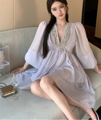 Hnewly Beaded Multi Ruffles Mini Dress Elastic High Waist Puff Lantern Sleeves Chiffon Dresses Celebrity Style Vestidos Women