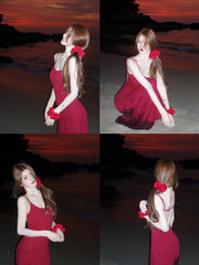 Hnewly Sexy Backless Red Strapless Dress Women French Elegant Pure Color Bodycon Beach Dress Outwear Evening Party Clothing Korean Y2k