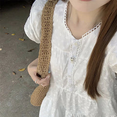 Hnewly Sweet White Embroidery Loose Dress for Women Summer Flying Sleeve Short Dress Woman Fashion Y2K V-Neck A-Line Dress Female