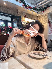 Hnewly Half Zipper Knit Cardigan Sweater Women Pullovers Cozy Loose Sweater Jacket Collared Long Sleeve Floral Print Fall Winter Outfit