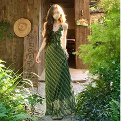 Hnewly Retro Fresh Green Plaid Strapless Dress Women's New Gentle Elegantly Slimming Backless Long Dress V-neckline Polyester