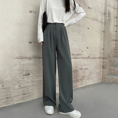Hnewly Korean Fashion High Waist Suit Pants Women Autumn Office Wide Leg Straight Trousers Ladies Chic Solid Color Pocket Pants