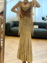 Hnewly Two Pieces Set Japanese Chic Casual Grunge Cropped Cardigans + Vintage Y2k Aesthetic Slim Waist Tunic Sexy Butterfly Print Dress