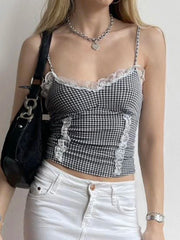 Hnewly Sweet Patchwork Lace Trim Camis Top Sexy Slim Slash Neck Sleeveless Tank Tops Women 2024 Summer Fashion Streetwear Lady