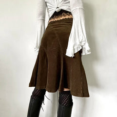 Hnewly Grunge y2k Brown Skirt Spring Autumn Retro Lace Stitching Low Rise A-line Midi Skirts for Women Vintage y2k Clothing Lady