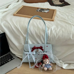 Hnewly Japanese Y2K Bow Underarm Bag Womens Soft Leather Handle Baguette Ladies Large Capacity Blue Lace Shoulder Bag Handbag