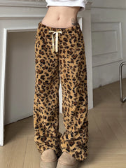 Hnewly Leopard Velvet Women Loose Long Pants Bow Y2k Retro Fashion Chic Warm Autumn New Trousers Design Street Style