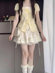 Hnewly 2000s Vintage 2 Piece Sets Women Lace Short Sleeve Cardigan Blouse Women+ Sexy Slim Camisole Dress 2024 Japanese Y2k Dress Suits