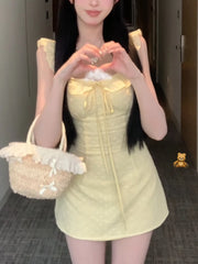 Hnewly Sexy Small Flying Elegant Dress Women Summer New Solid U-neck Floral Party Dress Female Temperament Slim Kawaii Mini Dress