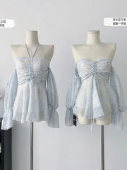 Hnewly 2000s Aesthetic Print Shirts Off Shoulder Korean Blue Crop Top Office Lady Sweet Blouses Flare Sleeve Exquisite French Elegance