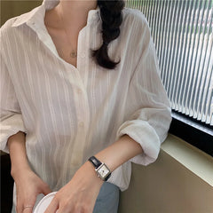 Hnewly Spring fashion temperament lapel shirt women's single breasted simple dark striped long-sleeved shirt