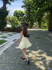 Hnewly Women Chic Yellow Lace Flowy Slip Dress Classic Solid Color V-neck A-line Waist-cinching Mini Dresses Highstreet Outwear