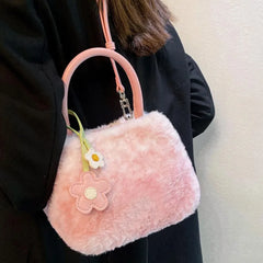 Hnewly Sweet Cute Pink Gradient Handbag Women Plush Large Capacity Square Shoulder Bag Ladies Fashion Winter New Crossbody Bag Y2k