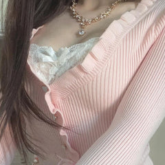 Hnewly Fairycore Clothing Top y2k Women Ruffle Lace Patchwork Long Sleeve Knitted T Shirt 2000s Coquette Clothes Streetwear