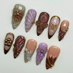 Hnewly 10Pcs Handmade Manicure Medium Almond Fake Nails New Cute Ballet Limited Nails Press On Nails Design with Adhesive Nail File Set