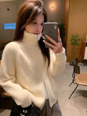 Hnewly Women Zip Up Sweater High Neck Zipper Front Knit Cardigan Sweater Jacket Ladies Autumn Winter Korean Fashion Outfit
